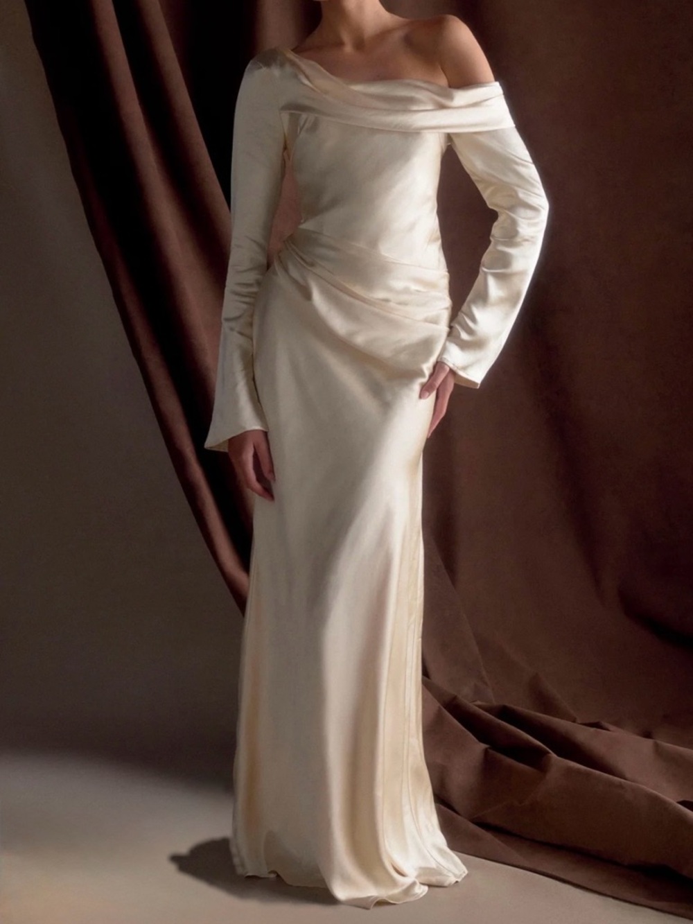 Meshki Off-Shoulder Satin Ivory Gown